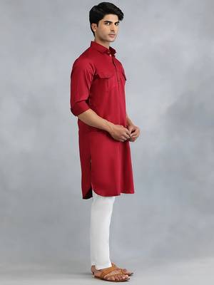 Classic style red pathani kurta with cream pants 2