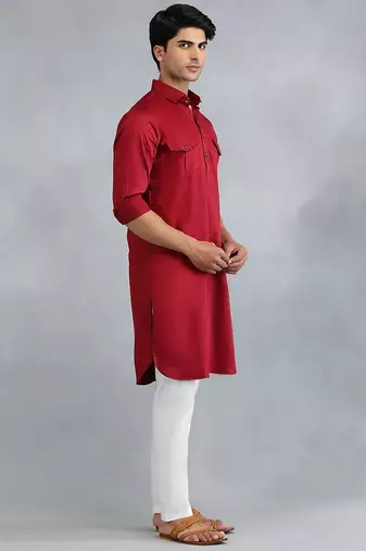 Classic style red pathani kurta with cream pants