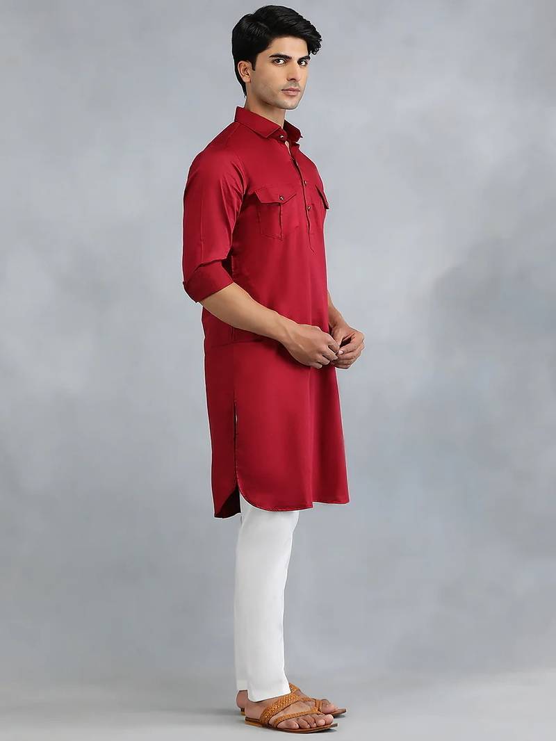 Classic style red pathani kurta with cream pants