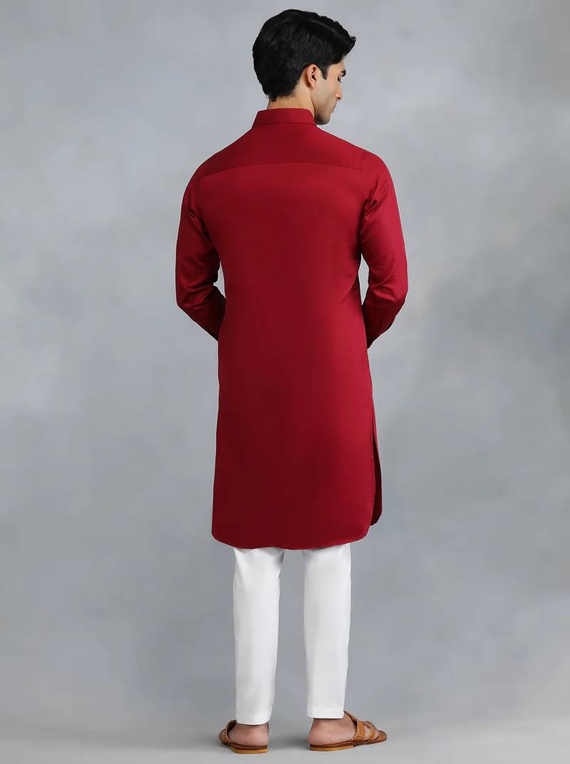 Classic style red pathani kurta with cream pants