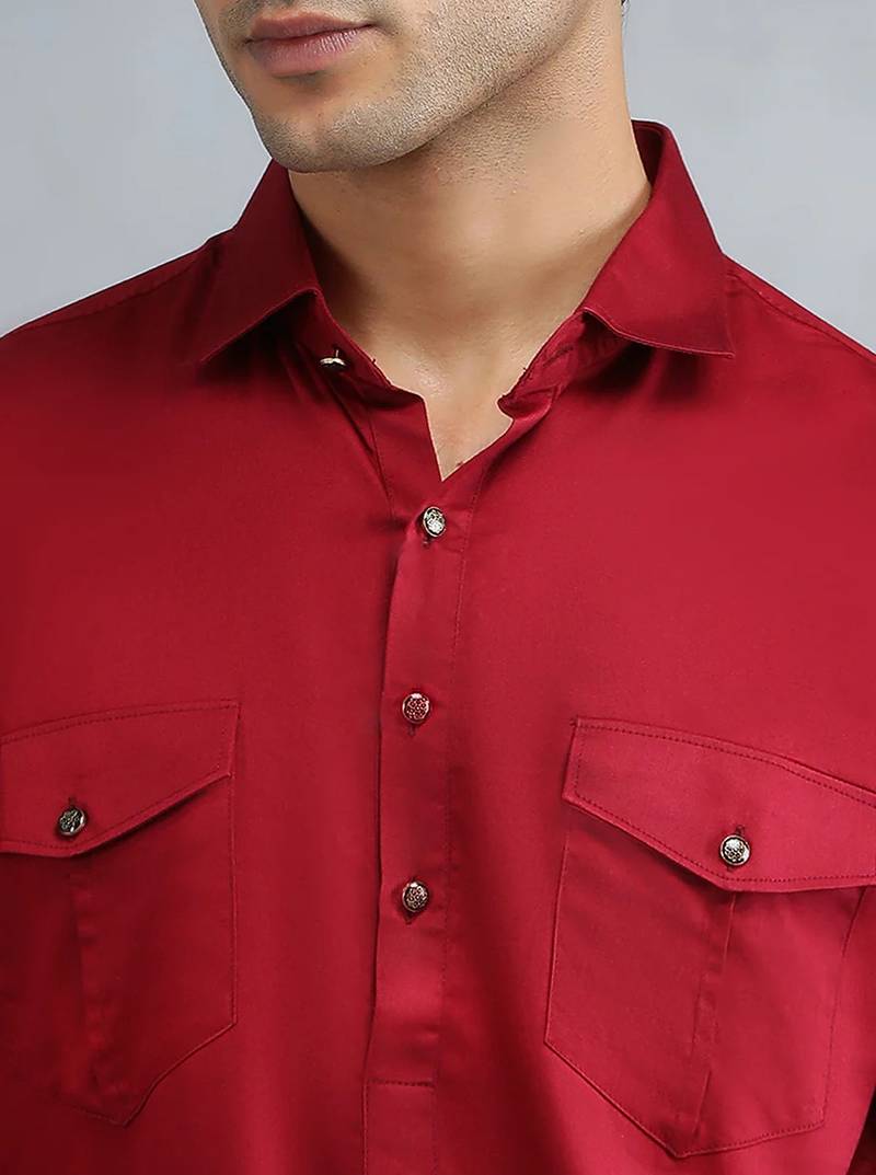 Classic style red pathani kurta with cream pants