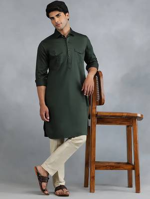 Classic style dark green pathani kurta with cream pants 1