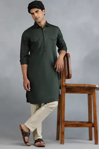 Classic style dark green pathani kurta with cream pants