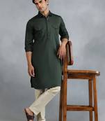 Classic style dark green pathani kurta with cream pants