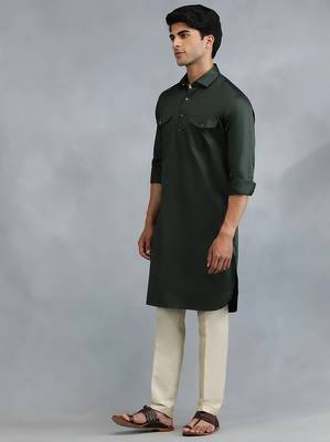 Classic style dark green pathani kurta with cream pants 2