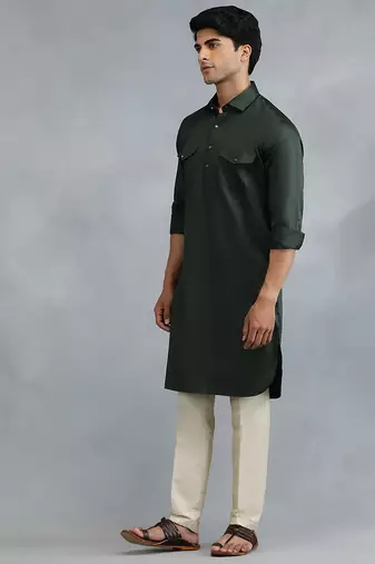 Classic style dark green pathani kurta with cream pants