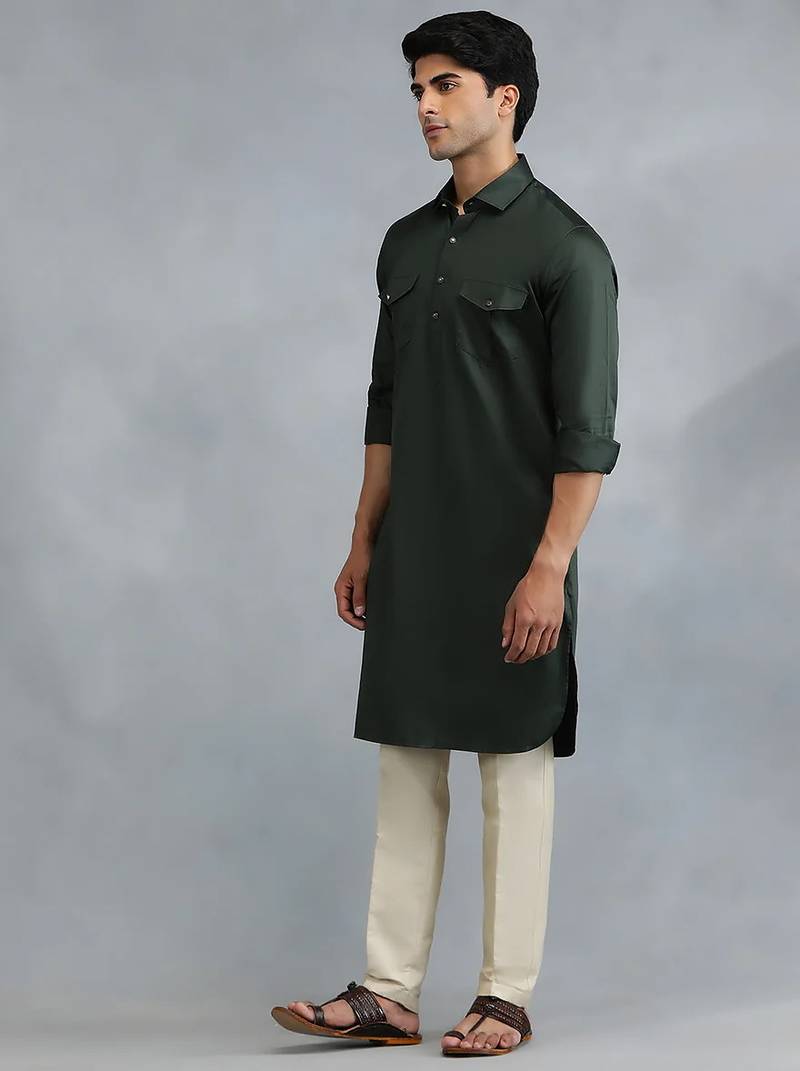 Classic style dark green pathani kurta with cream pants