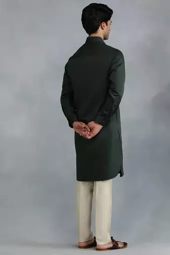 Classic style dark green pathani kurta with cream pants
