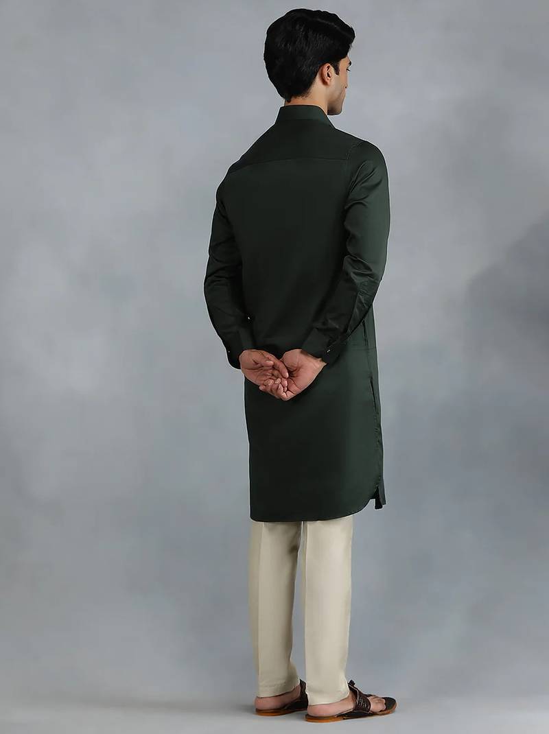 Classic style dark green pathani kurta with cream pants
