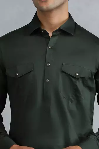 Classic style dark green pathani kurta with cream pants