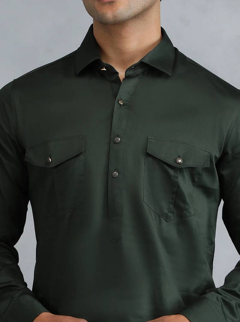 Classic style dark green pathani kurta with cream pants