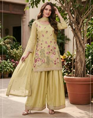 Lime yellow designer chinon palazzo suit set 1