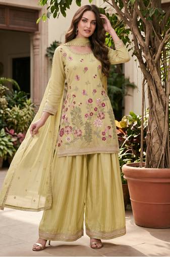 Lime yellow designer chinon palazzo suit set