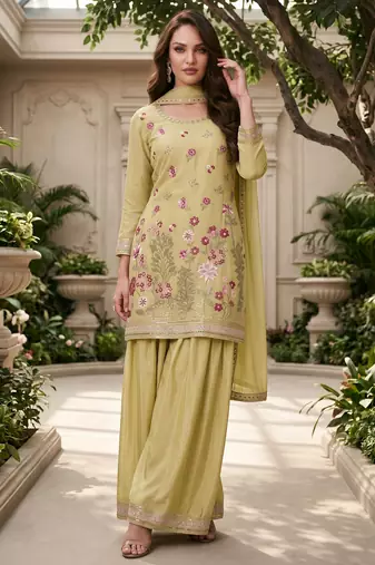 Lime yellow designer chinon palazzo suit set