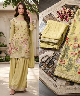 Lime yellow designer chinon palazzo suit set 3