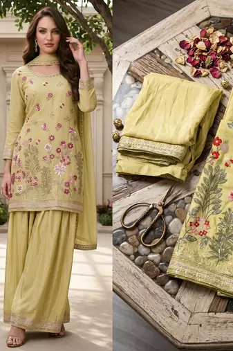 Lime yellow designer chinon palazzo suit set