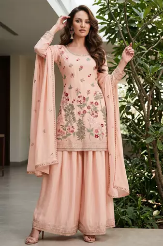 Pink designer chinon palazzo suit set