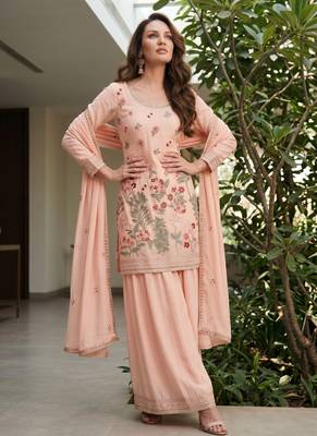 Pink designer chinon palazzo suit set 2