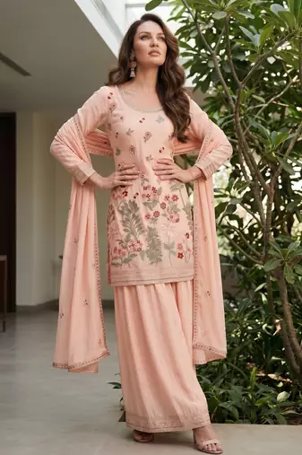 Pink designer chinon palazzo suit set