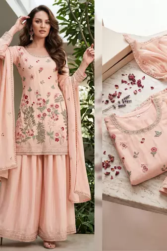 Pink designer chinon palazzo suit set
