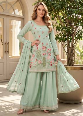 Green designer chinon palazzo suit set 1