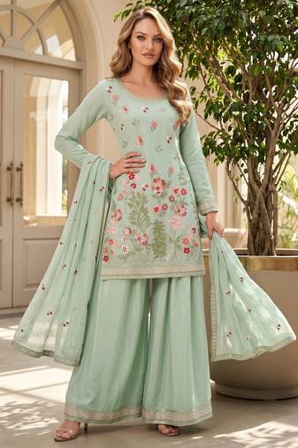 Green designer chinon palazzo suit set