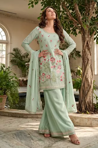 Green designer chinon palazzo suit set