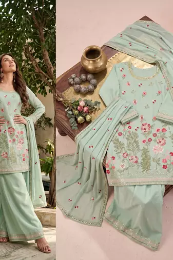 Green designer chinon palazzo suit set