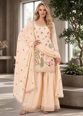 Peach designer chinon palazzo suit set 1