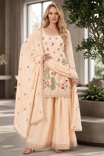Peach designer chinon palazzo suit set