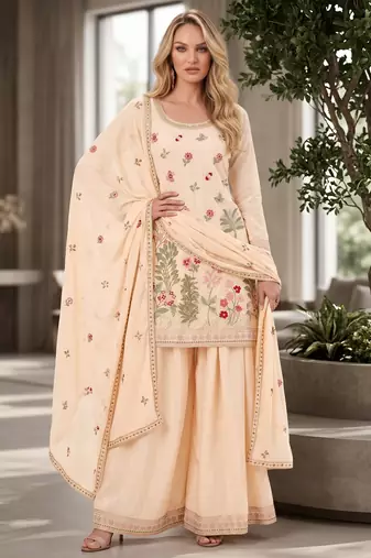 Peach designer chinon palazzo suit set