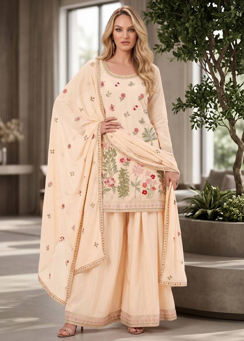 Peach designer chinon palazzo suit set
