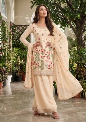 Peach designer chinon palazzo suit set 2