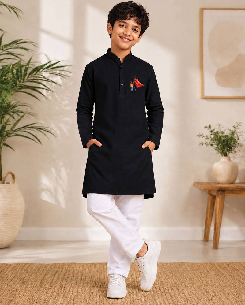 Boys black pure cotton father's day kurta pyjama set