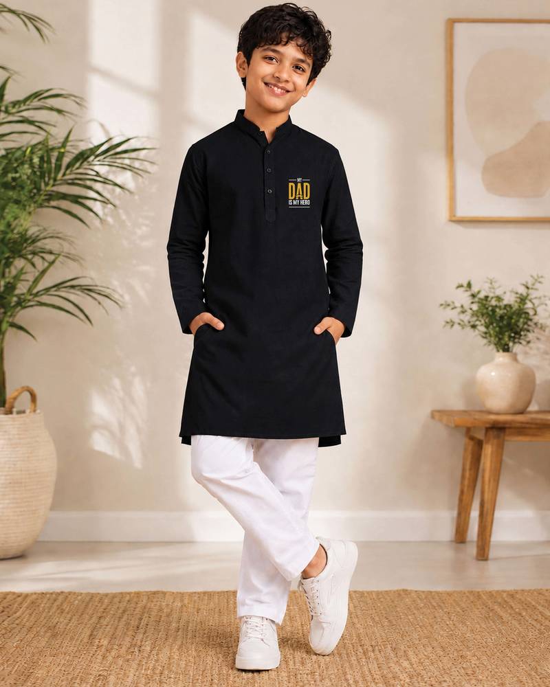 Boys black pure cotton father's day kurta pyjama set
