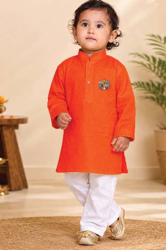 Boys orange pure cotton father's day kurta pyjama set