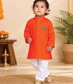 Boys orange pure cotton father's day kurta pyjama set