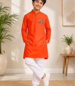 Boys orange pure cotton father's day kurta pyjama set