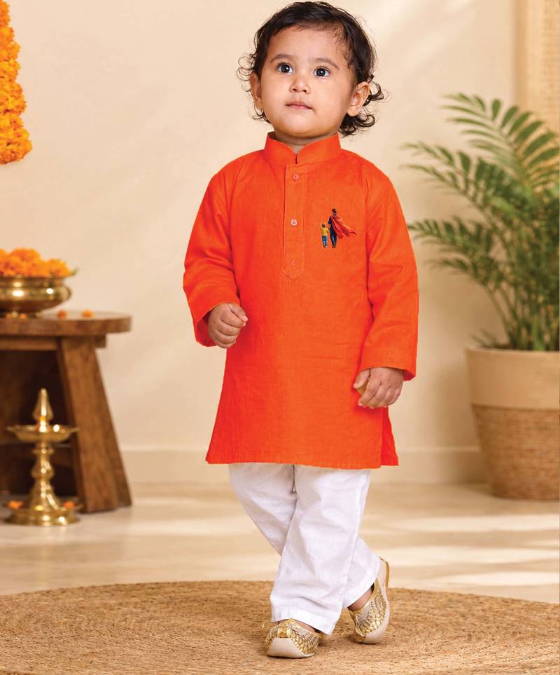 Boys orange pure cotton father's day kurta pyjama set