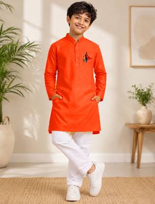 Boys orange pure cotton father's day kurta pyjama set 1
