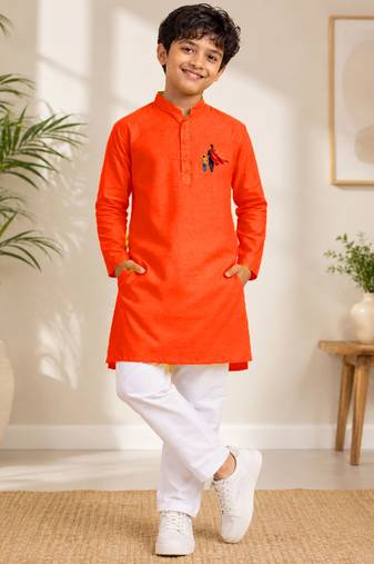 Boys orange pure cotton father's day kurta pyjama set