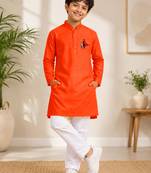 Boys orange pure cotton father's day kurta pyjama set