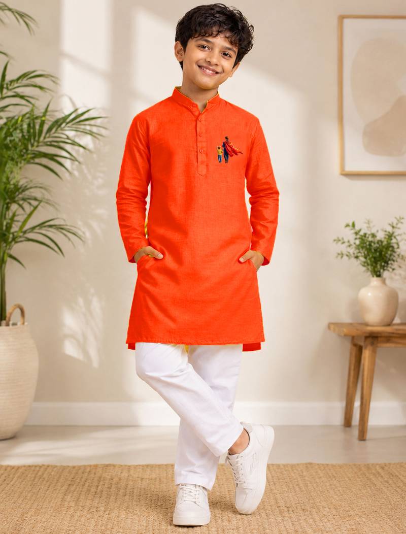 Boys orange pure cotton father's day kurta pyjama set