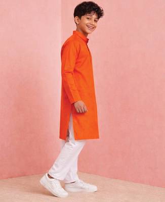 Boys orange pure cotton father's day kurta pyjama set 3