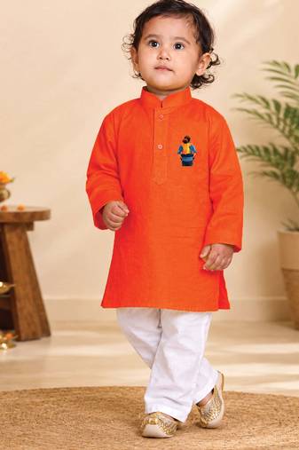 Boys orange pure cotton father's day kurta pyjama set