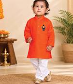 Boys orange pure cotton father's day kurta pyjama set