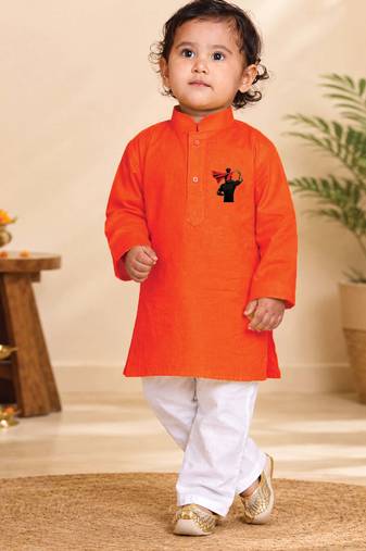 Boys orange pure cotton father's day kurta pyjama set