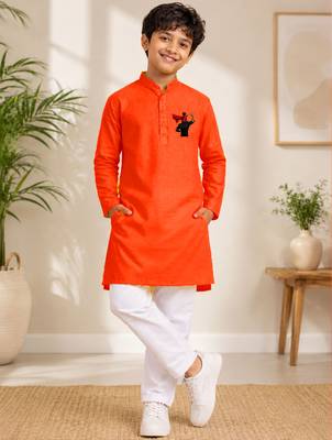 Boys orange pure cotton father's day kurta pyjama set 1