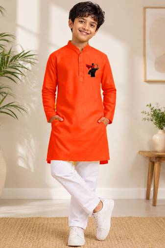 Boys orange pure cotton father's day kurta pyjama set
