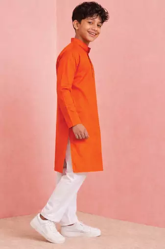 Boys orange pure cotton father's day kurta pyjama set